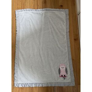 Wendy Bellissimo Pink Owl Baby Blanket Gray White Stripe Diamond Satin Trim